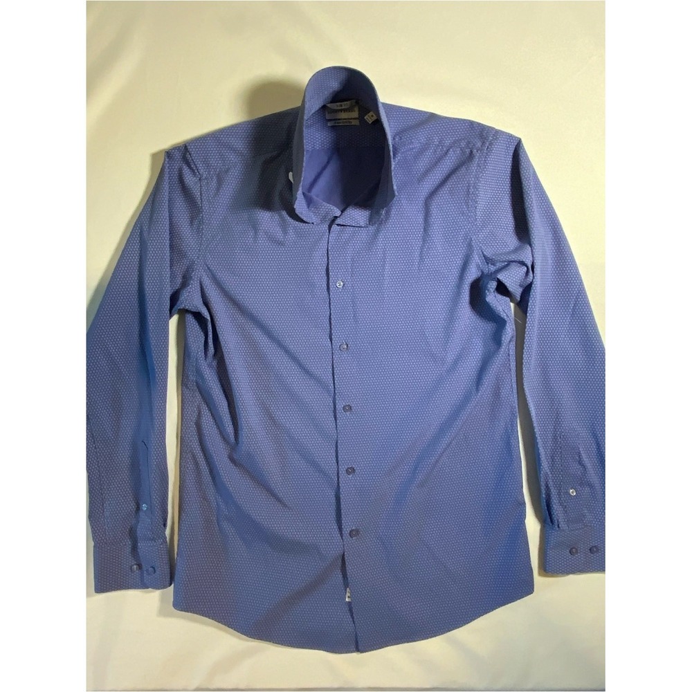 Lucky Brand Mens Blue Microdot Slim Fit Dress Shirt 4Way Stretch Medium 15 34-35
